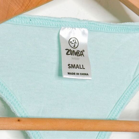 Zumba NWt! Women's Galaxy Loose Racerback Top Black & Aqua Blue, Raw Hem, Size S - Picture 3 of 8